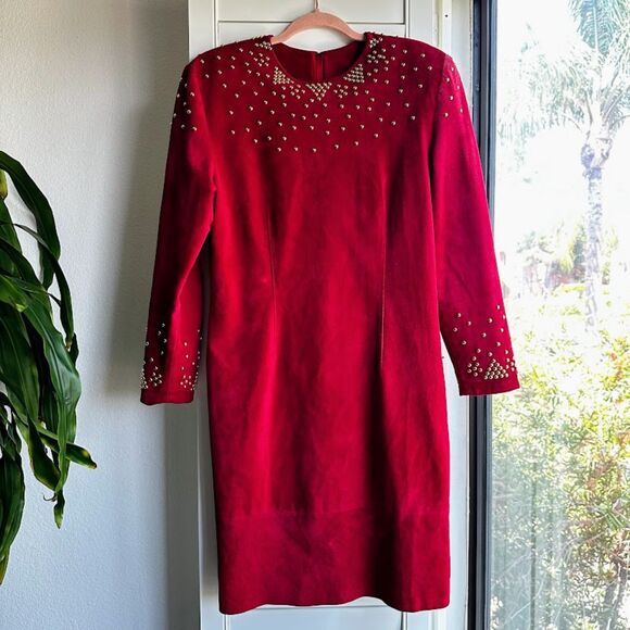Vintage 80s Pia Rucci Gold Studded Red Suede Leather Dress size 14 - Picture 1 of 16